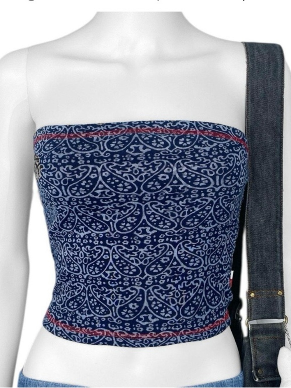 Tommy Hilfiger Navy and White Paisley Strapless Tube Top with Red Stitching